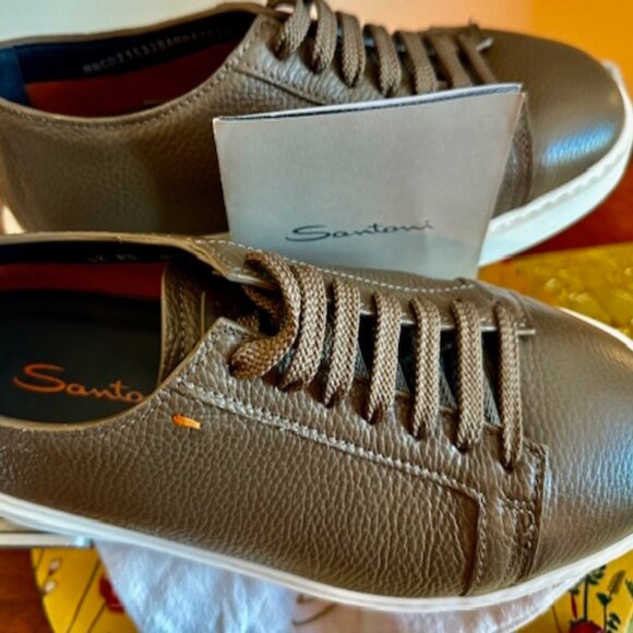 SANTONI Hammered Leather lowtop sneakers, Brn-Grn, NwoT, w/Bags, 9.5 US, RT$720 - Picture 2 of 11